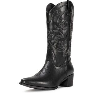 Women's Black Pointy Toe Faux Leather Western Cowgirl Mid Calf Boots